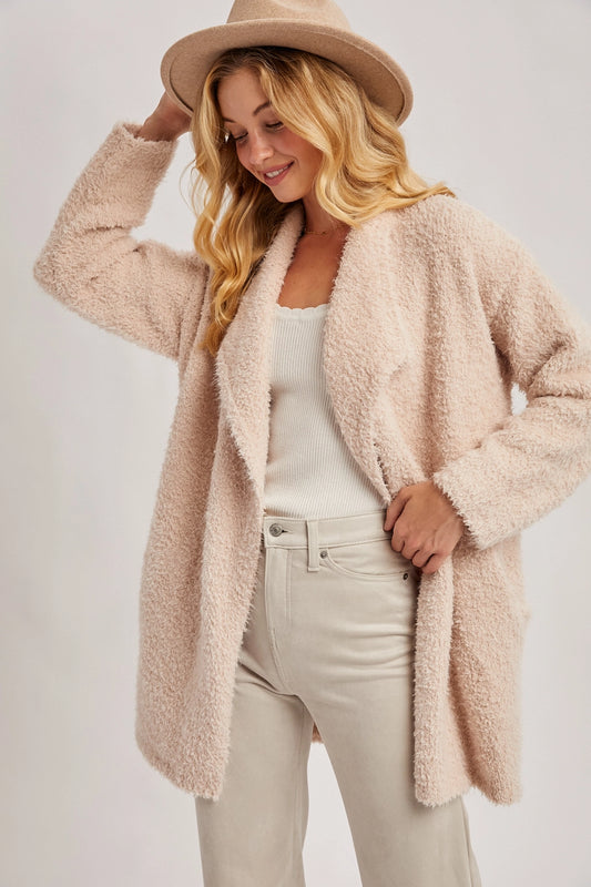 Oatmeal Soft Fuzzy Drape Front Cardigan