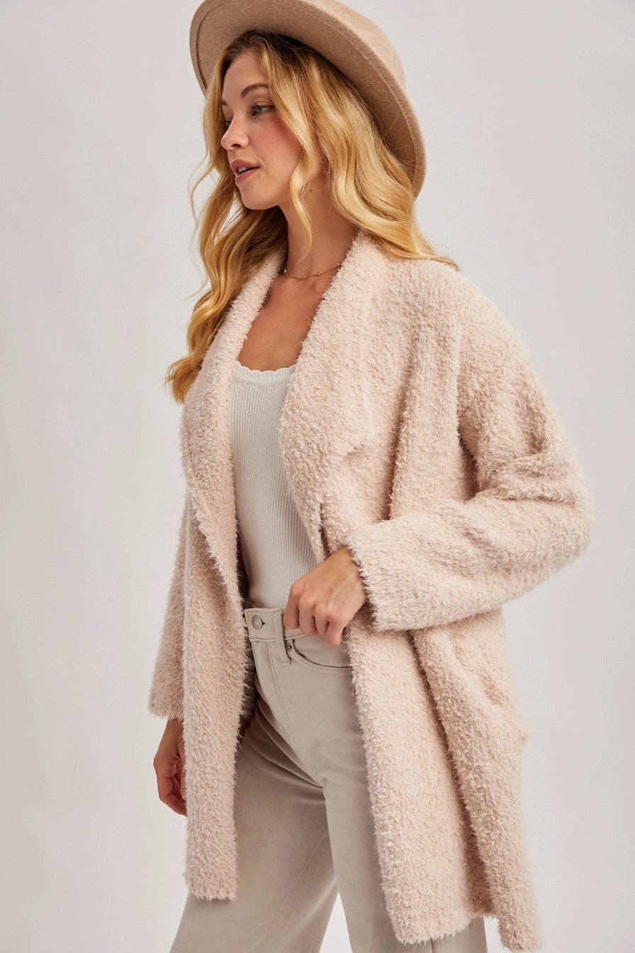 Oatmeal Soft Fuzzy Drape Front Cardigan