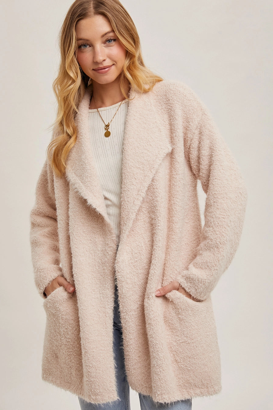 Oatmeal Soft Fuzzy Drape Front Cardigan