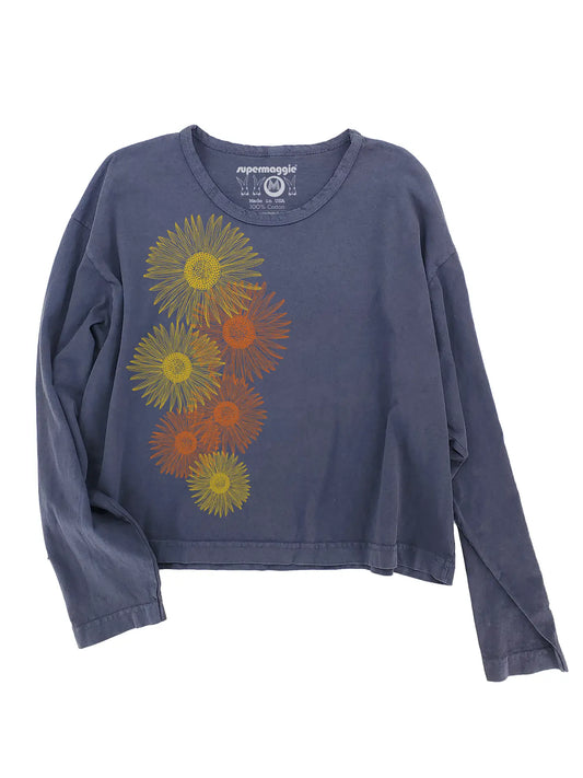 Off Black Sunflowers Lauren Long Sleeve Crop Tee by Supermaggie