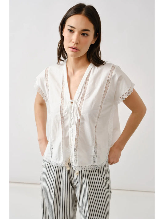 Off White Lace Insert Sleeveless Blouse