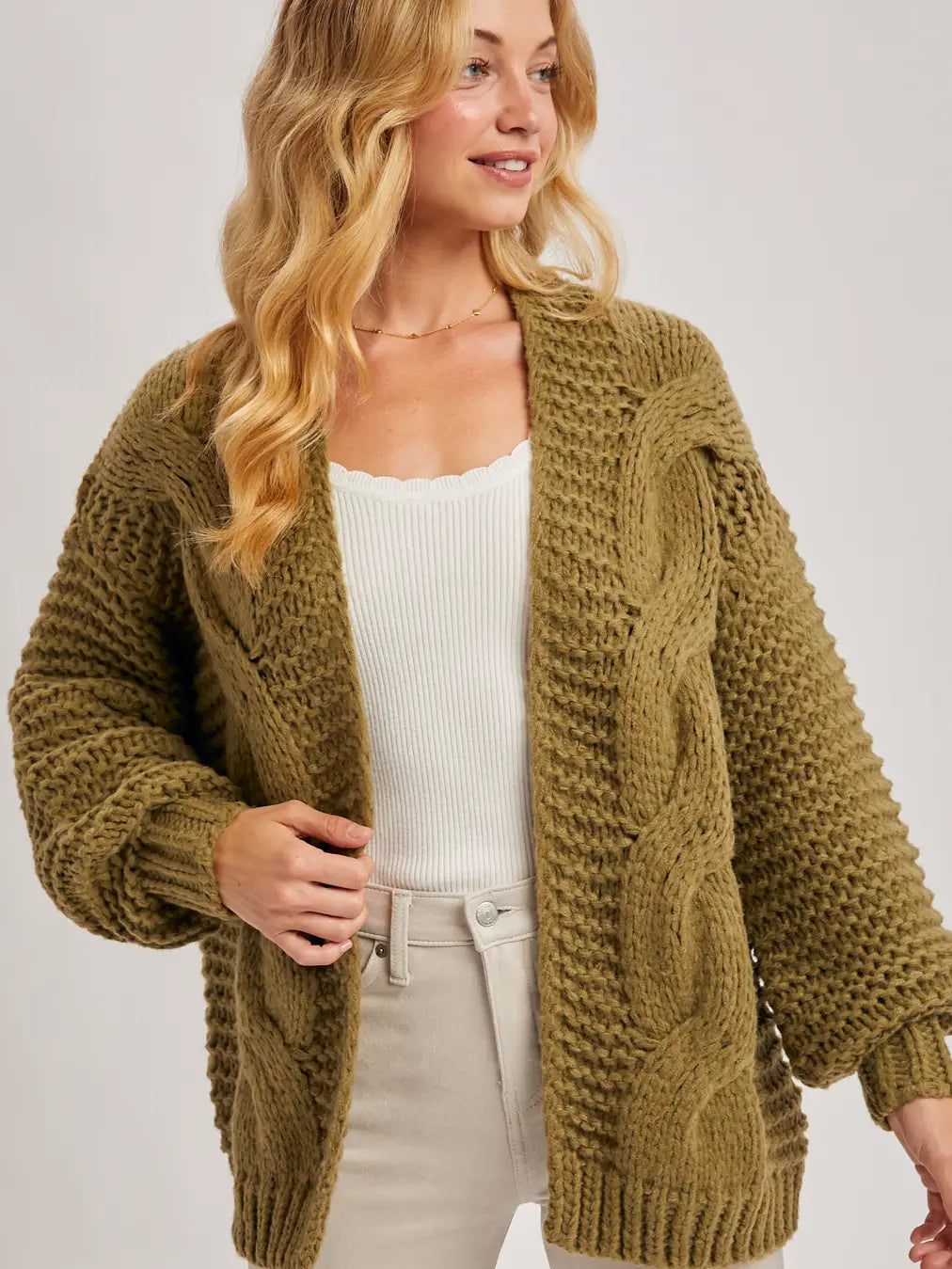Olive Chunky Cable Knit Sweater Cardigan