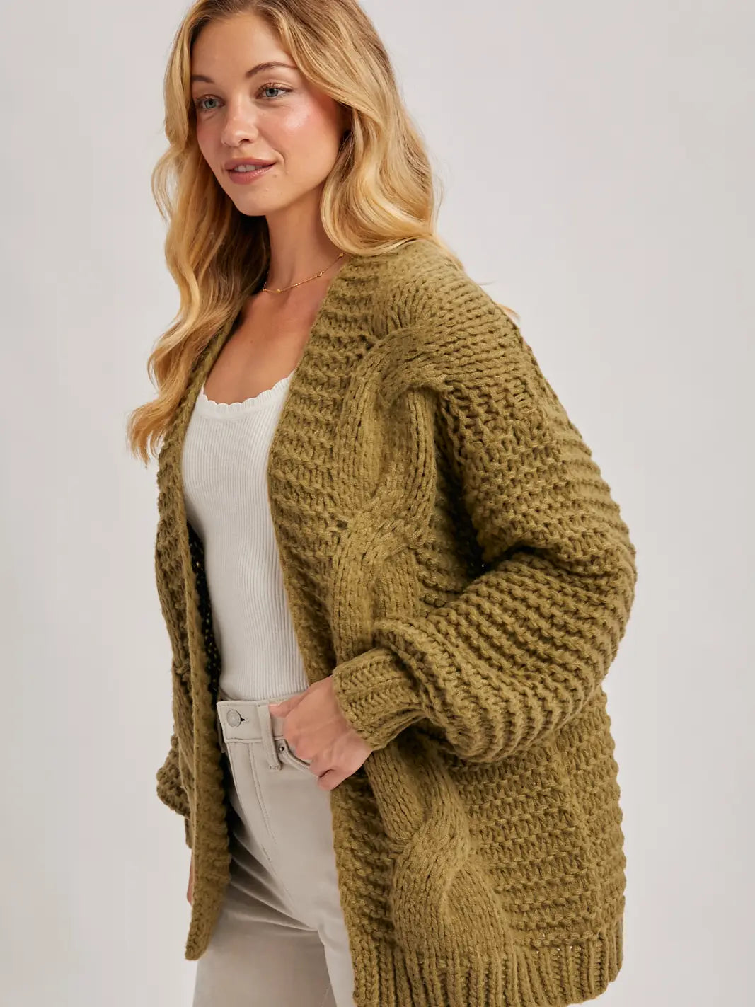 Olive Chunky Cable Knit Sweater Cardigan