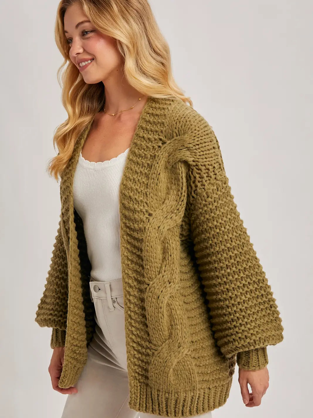 Olive Chunky Cable Knit Sweater Cardigan
