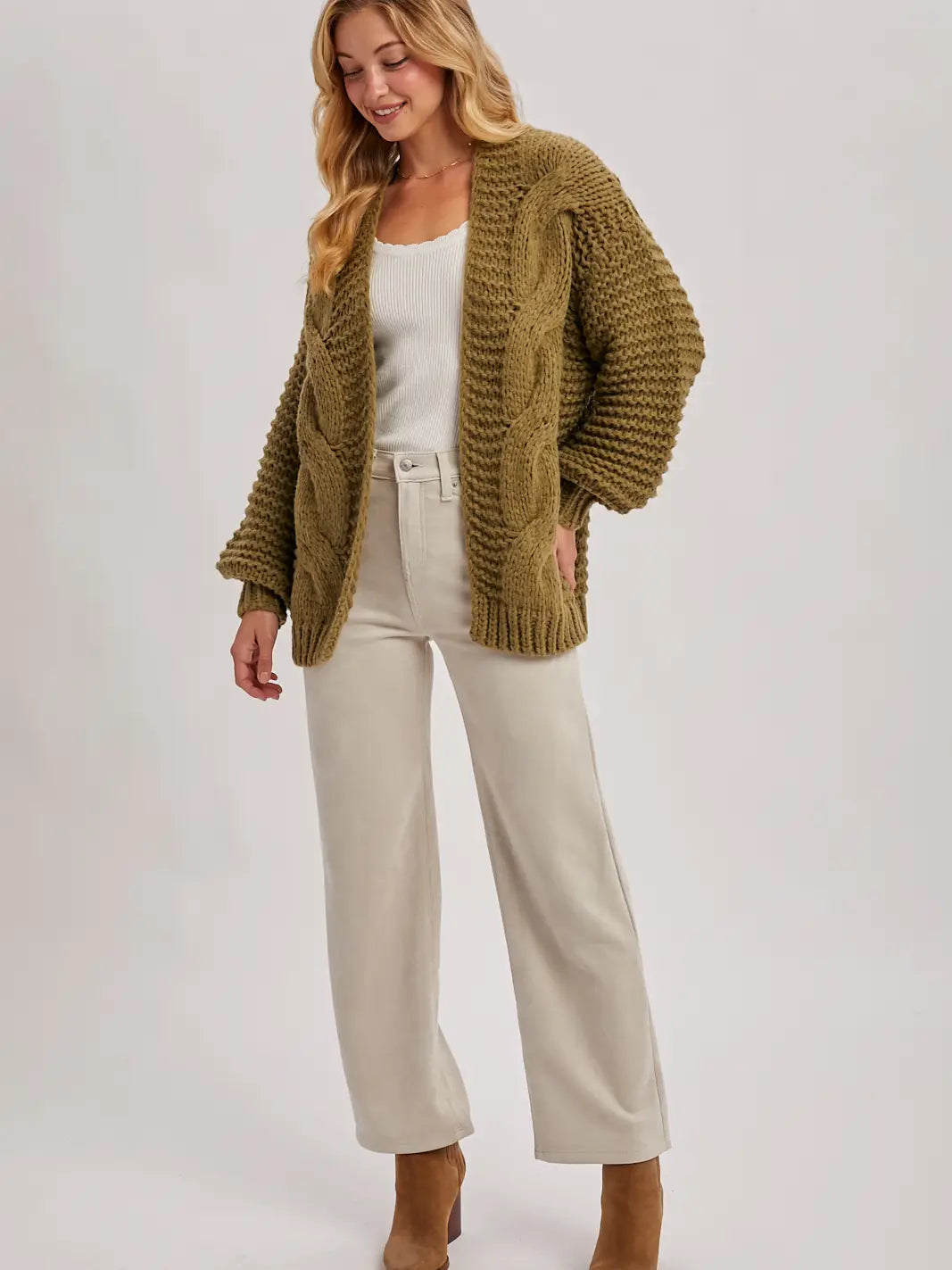 Olive Chunky Cable Knit Sweater Cardigan