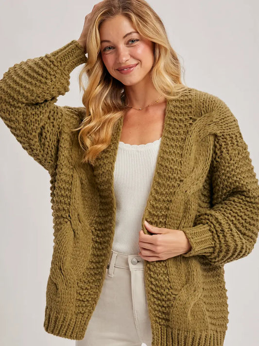 Olive Chunky Cable Knit Sweater Cardigan