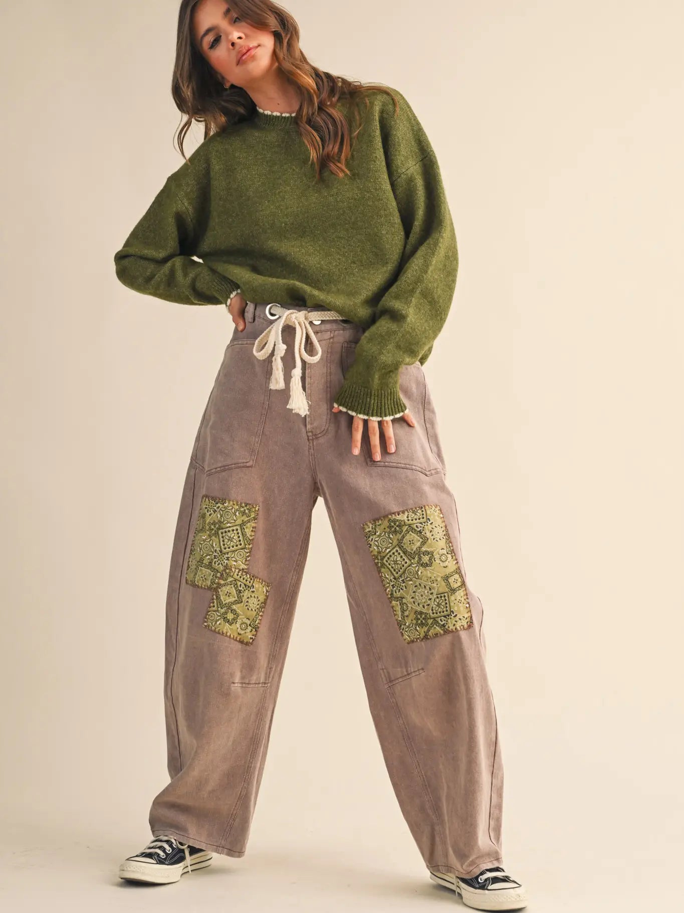 Olive Contrast Knit Scalloped Edge Sweater