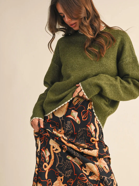 Olive Contrast Knit Scalloped Edge Sweater