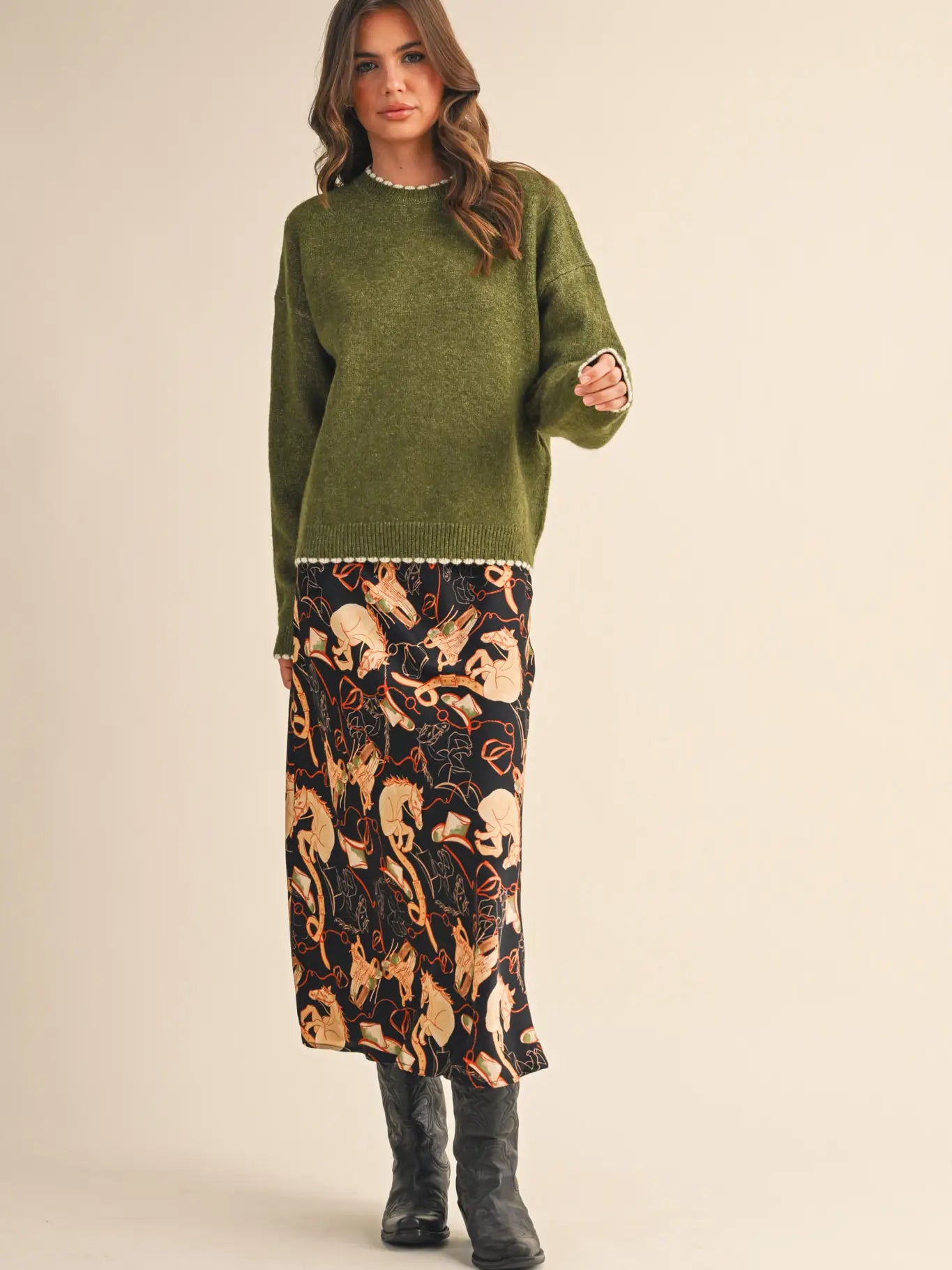 Olive Contrast Knit Scalloped Edge Sweater