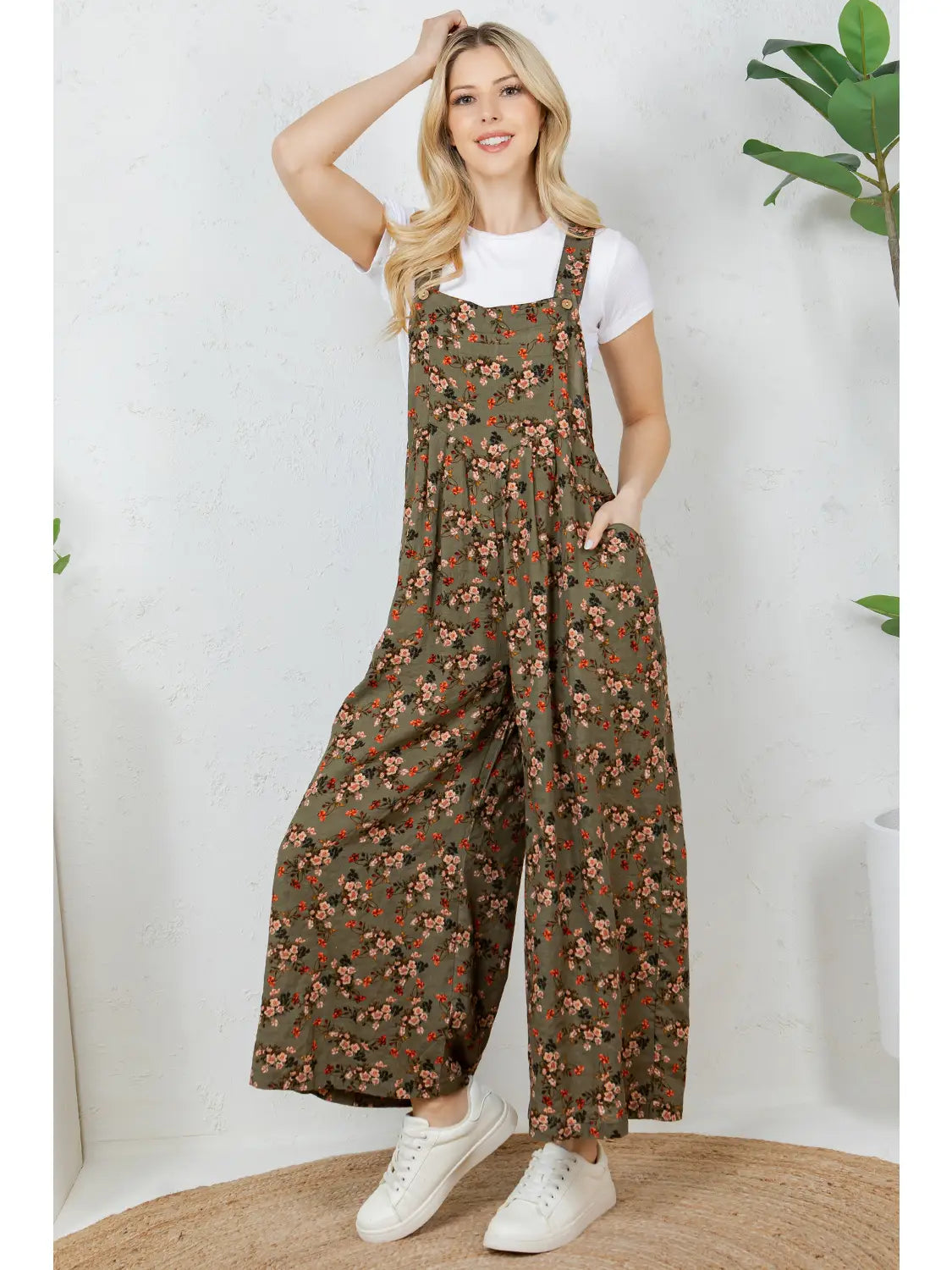 Olive Floral Overalls