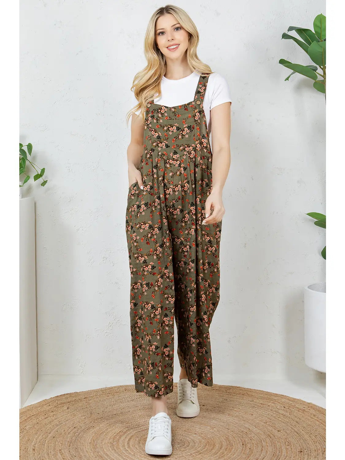 Olive Floral Overalls