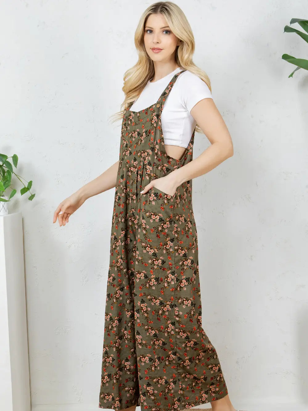 Olive Floral Overalls