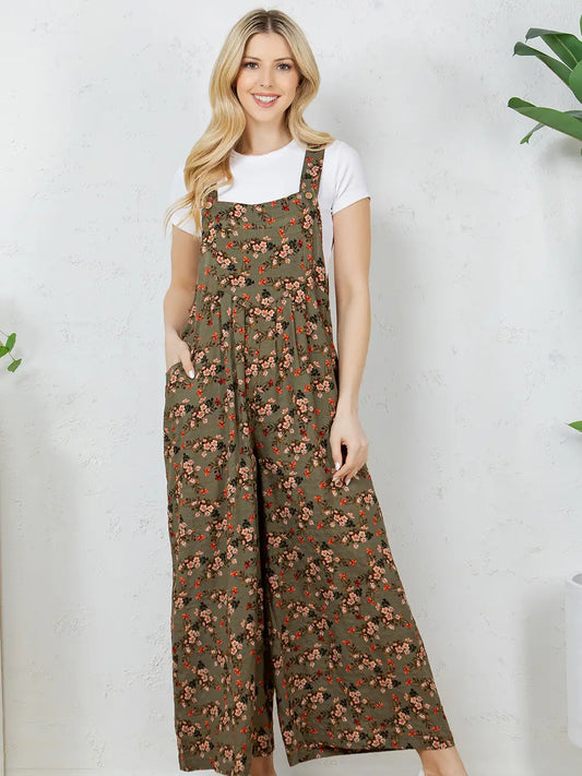 Olive Floral Overalls