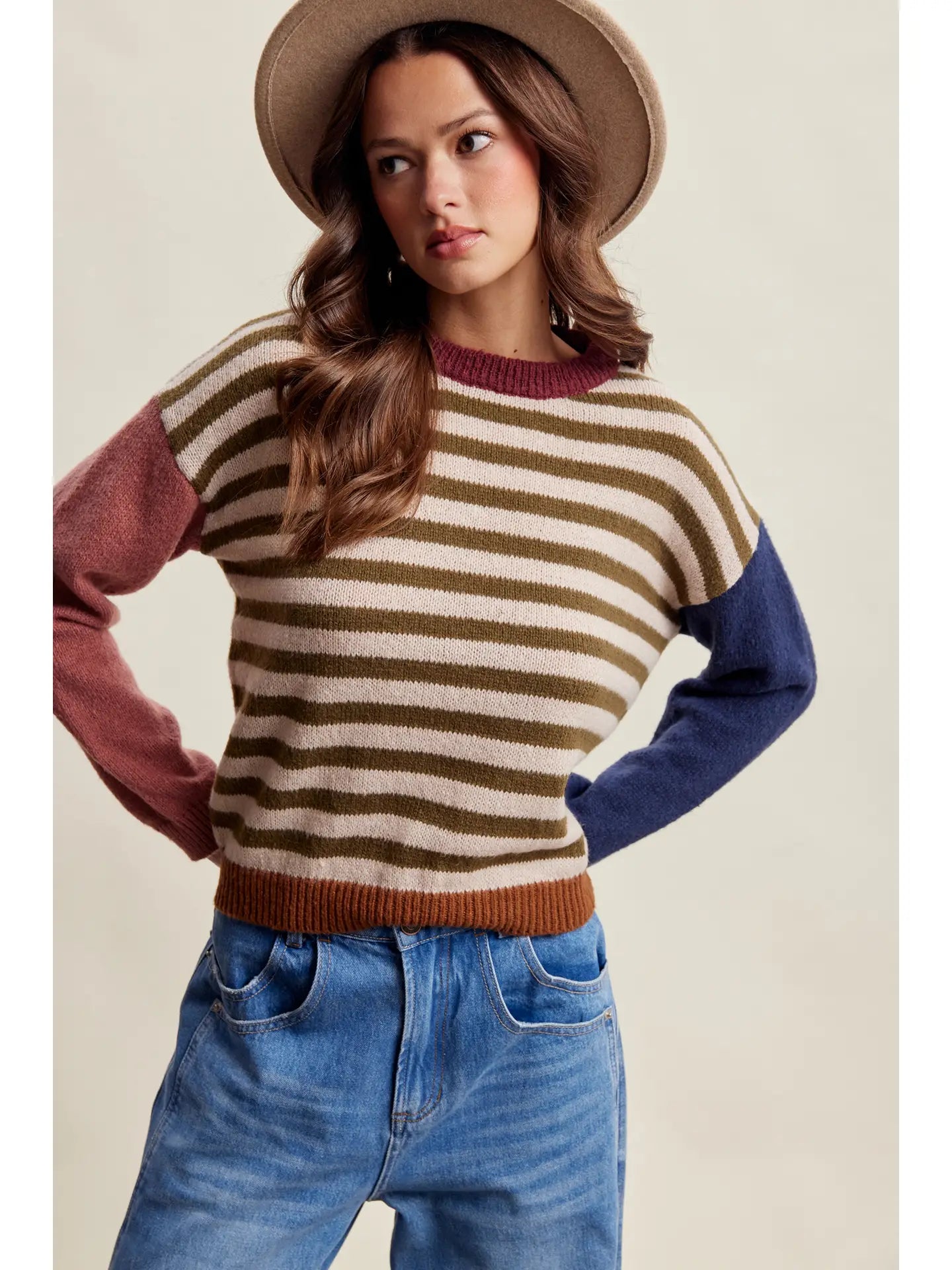 Olive Multi Colorblock Striped Sweater