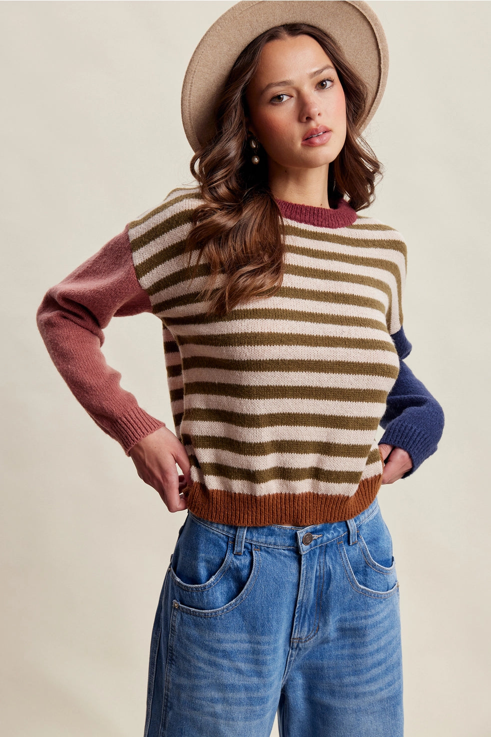 Olive Multi Colorblock Striped Sweater
