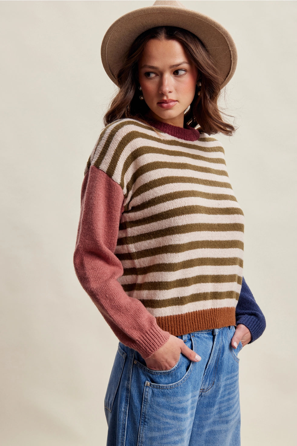 Olive Multi Colorblock Striped Sweater