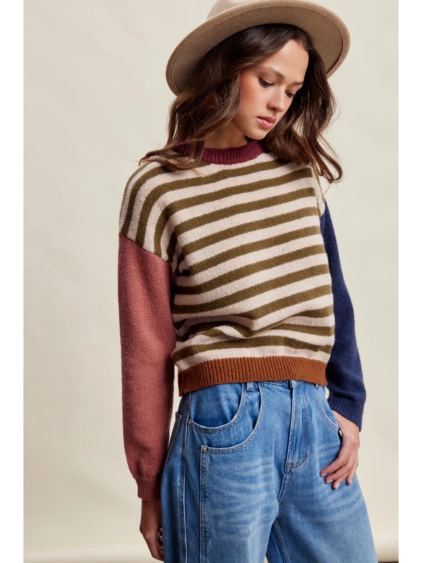 Olive Multi Colorblock Striped Sweater