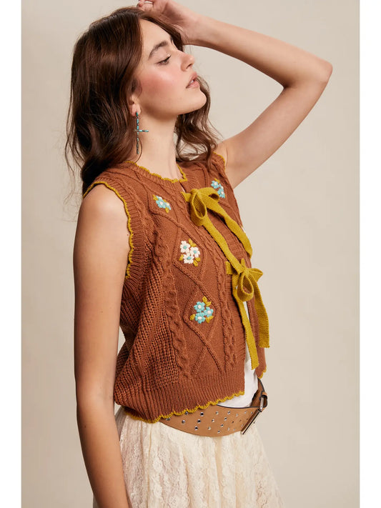Pecan Bow-Tie Floral Knit Vest