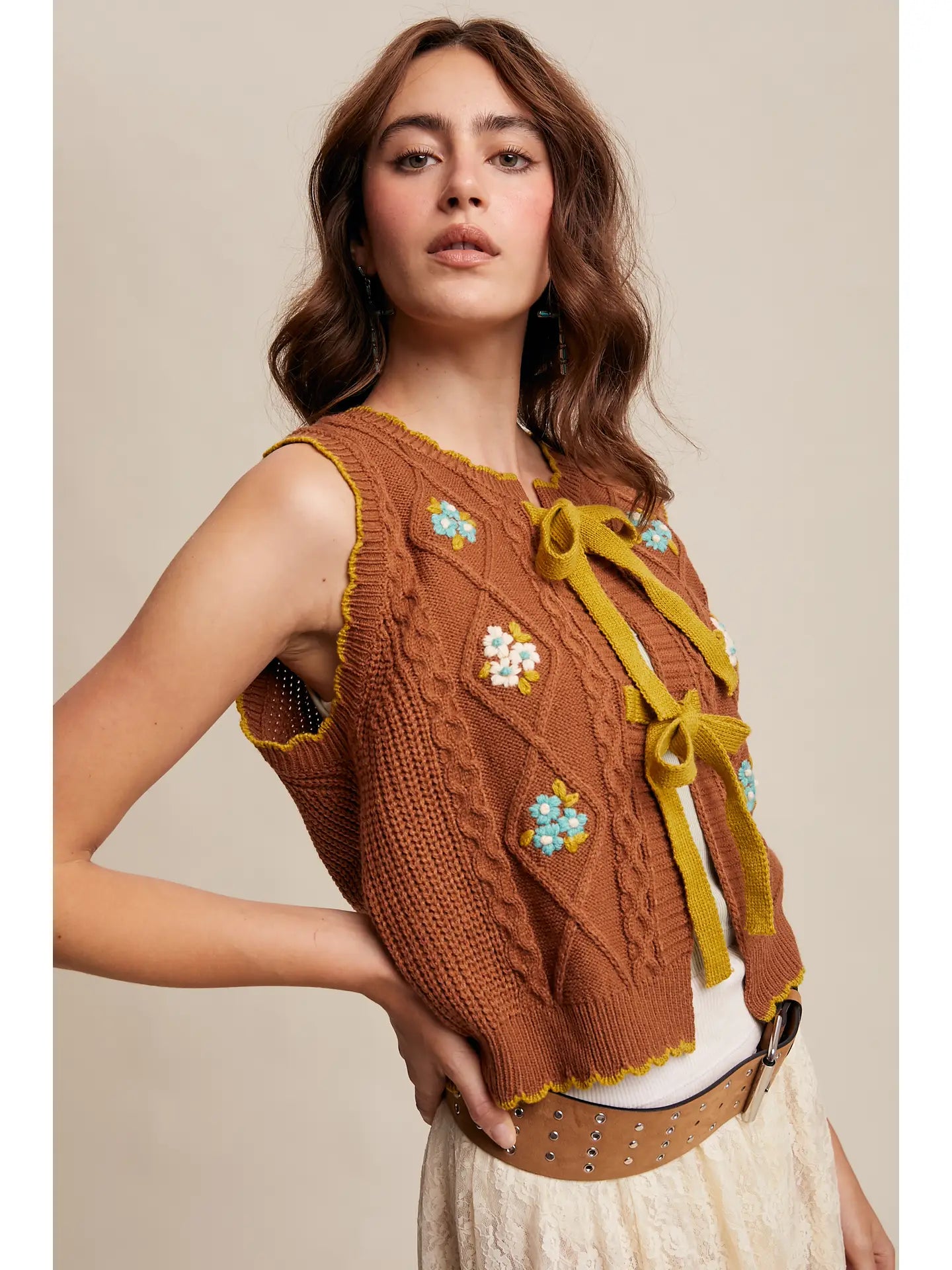 Pecan Bow-Tie Floral Knit Vest