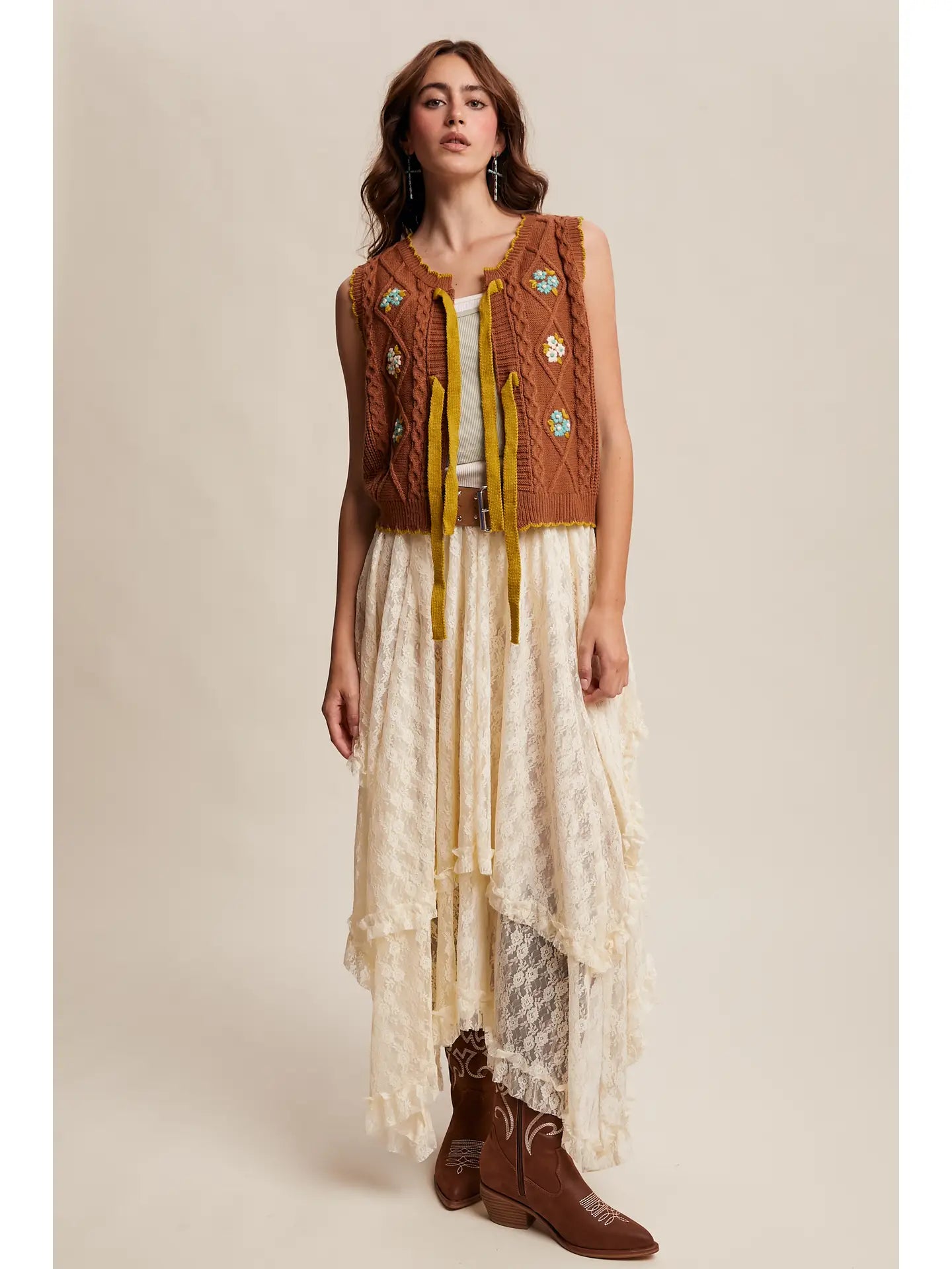 Pecan Bow-Tie Floral Knit Vest