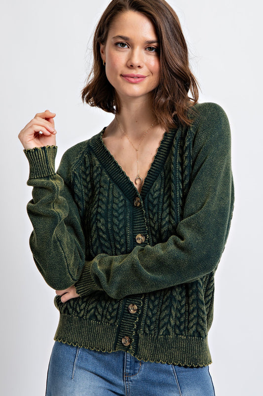 Pine Green Mineral Washed Cable Knit Cardigan