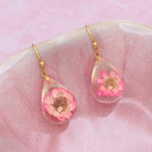 Pink Dried Flower Droplet Earrings