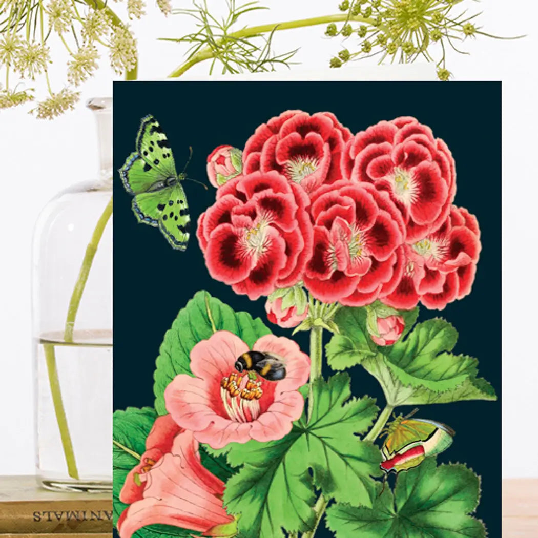 Pink Geranium Midnight Botanical Blank Card
