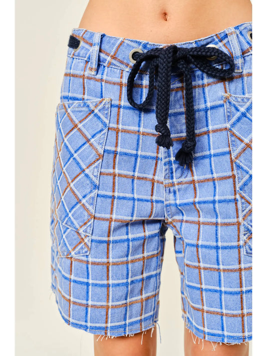 Plaid Barrel Shorts with Waist Belt