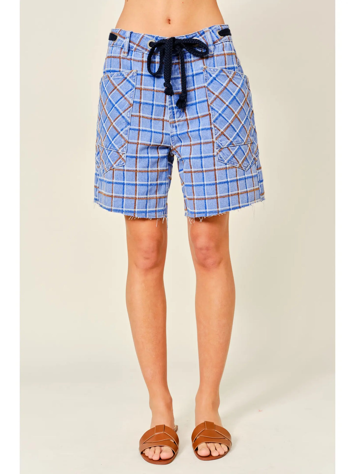 Plaid Barrel Shorts with Waist Belt