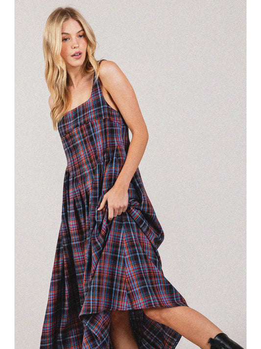 Plaid Cotton Square Neck Midi Dress