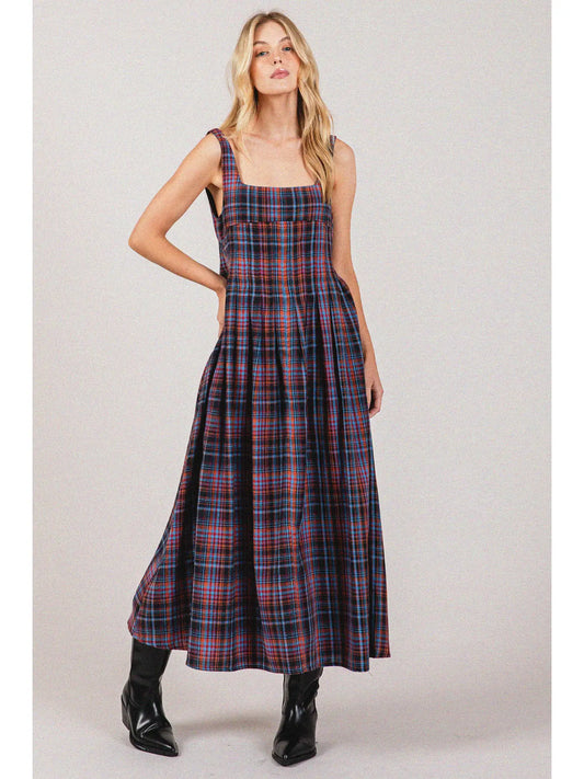 Plaid Cotton Square Neck Midi Dress