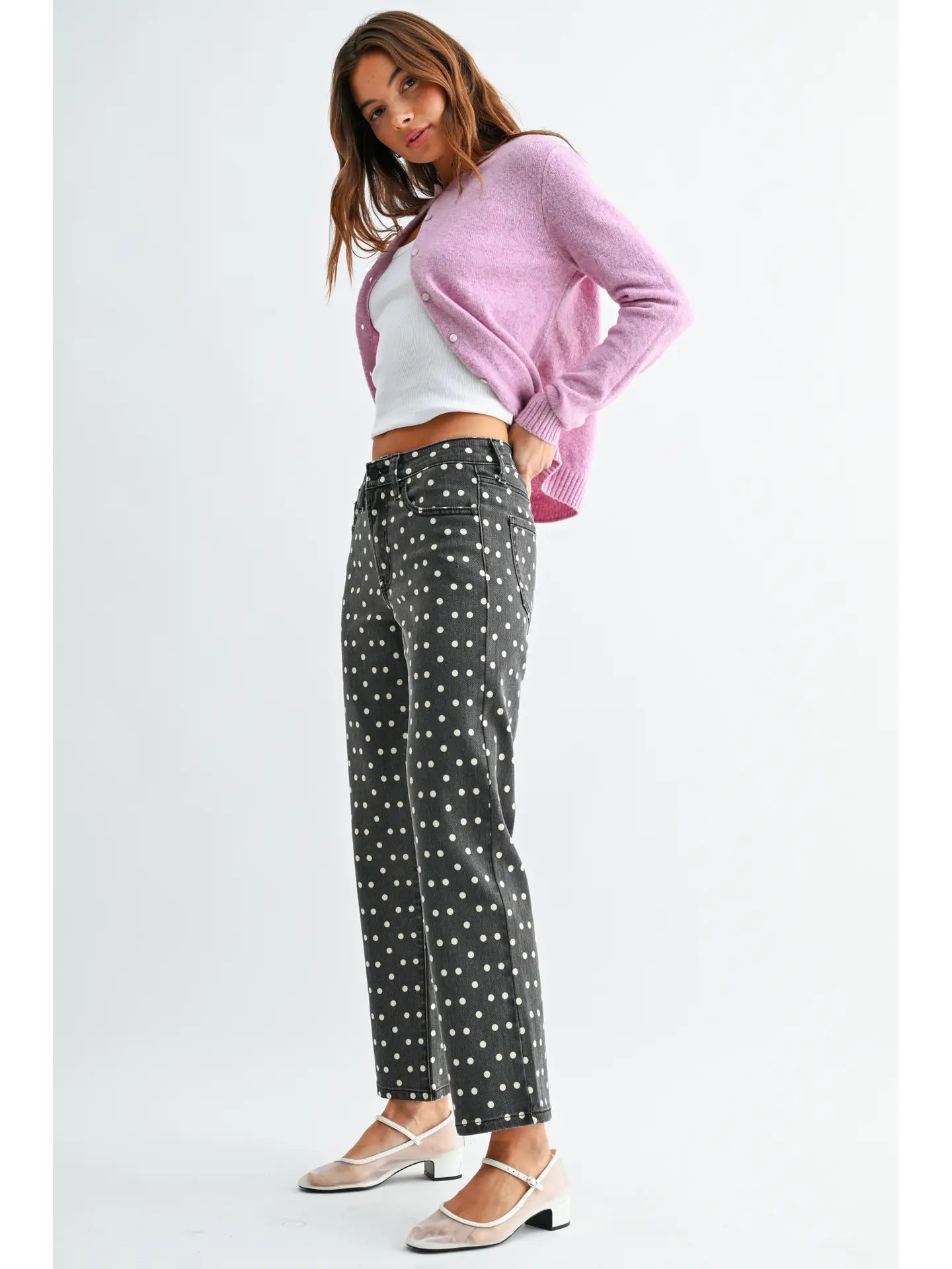 Polka Dot High Rise Straight Jeans by JBD