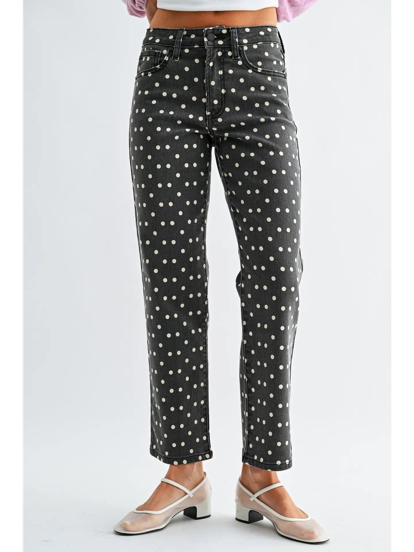 Polka Dot High Rise Straight Jeans by JBD