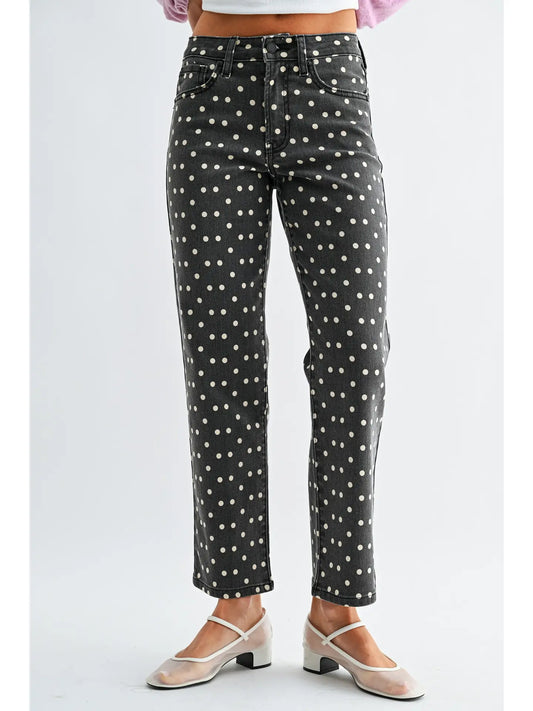 Polka Dot High Rise Straight Jeans by JBD