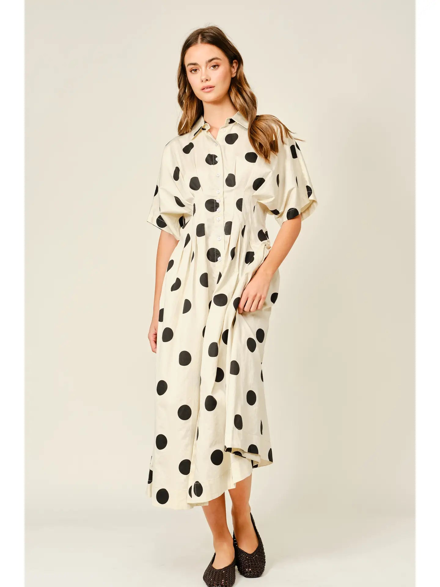Polka Dot Pintuck Midi Shirt Dress