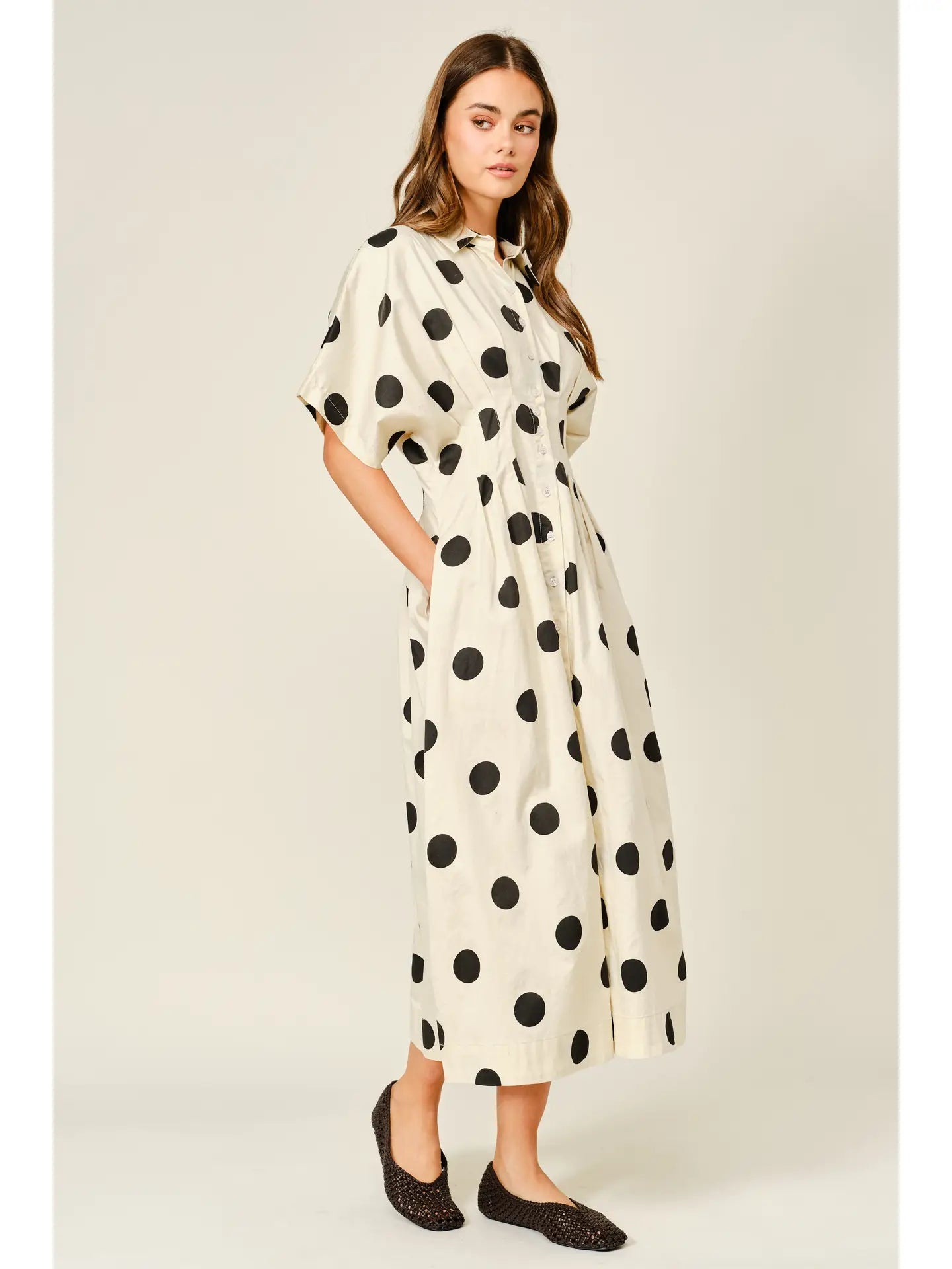 Polka Dot Pintuck Midi Shirt Dress