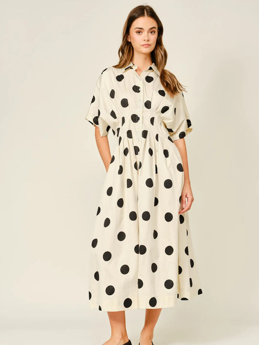 Polka Dot Pintuck Midi Shirt Dress