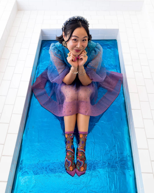 Pop Art Planets Black Sheer Crew Socks