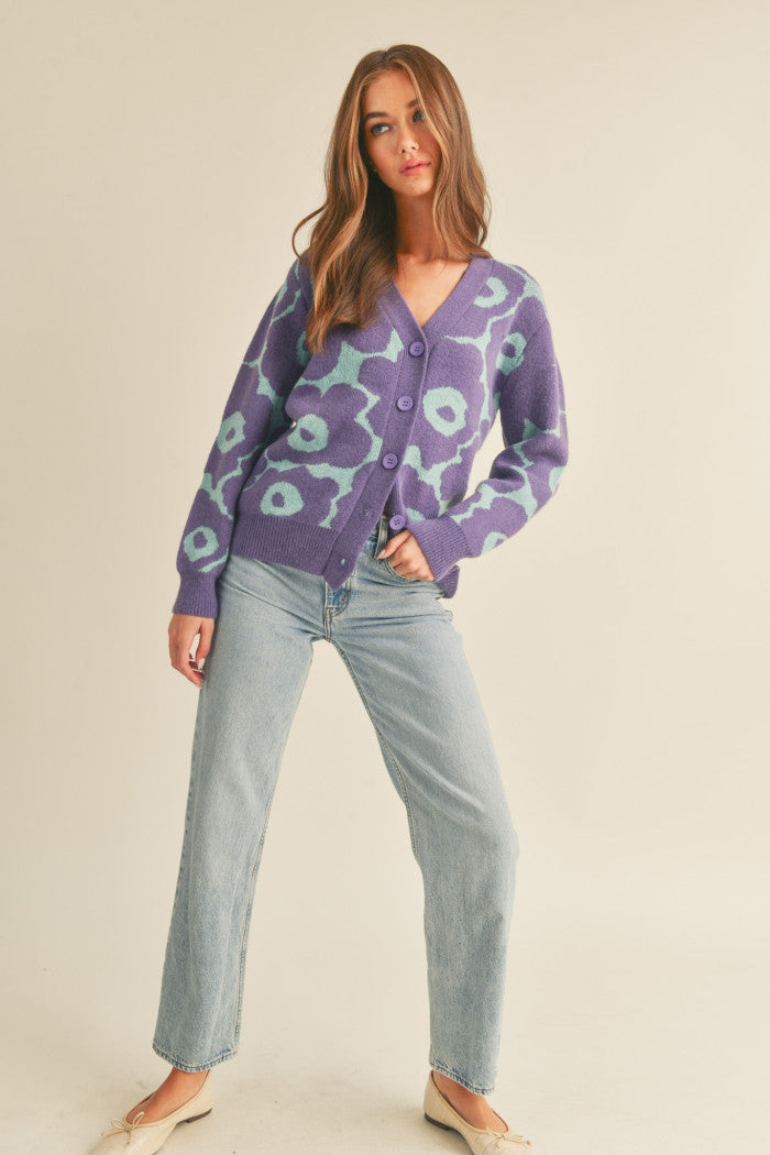 Purple & Sage Abstract Floral Cardigan