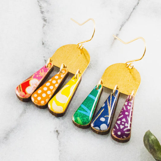 Rainbow Collage Brass Drop Earrings