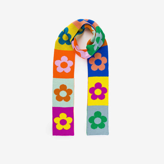 Rainbow Flower Block Skinny Knit Scarf