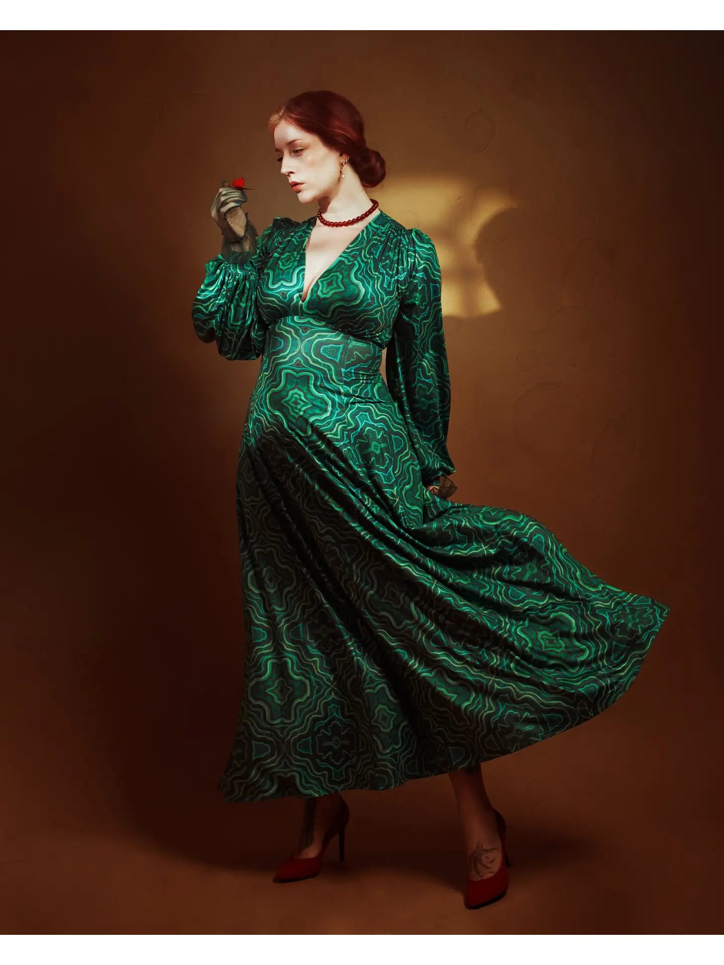 Raquel Maxi Dress with Bishop Sleeves in Malachite Kaleidoscope by Wax Poetic