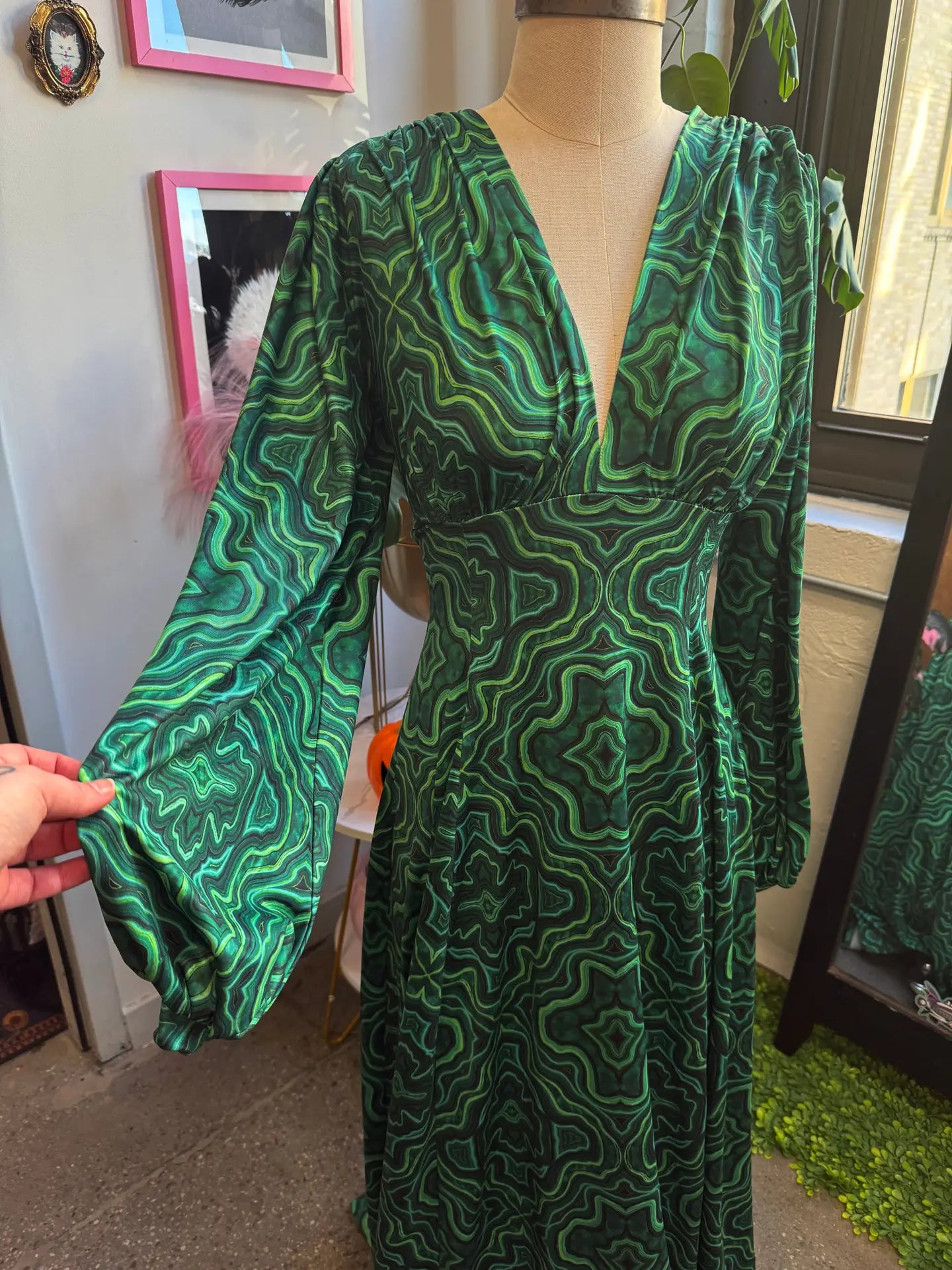 Raquel Maxi Dress with Bishop Sleeves in Malachite Kaleidoscope by Wax Poetic