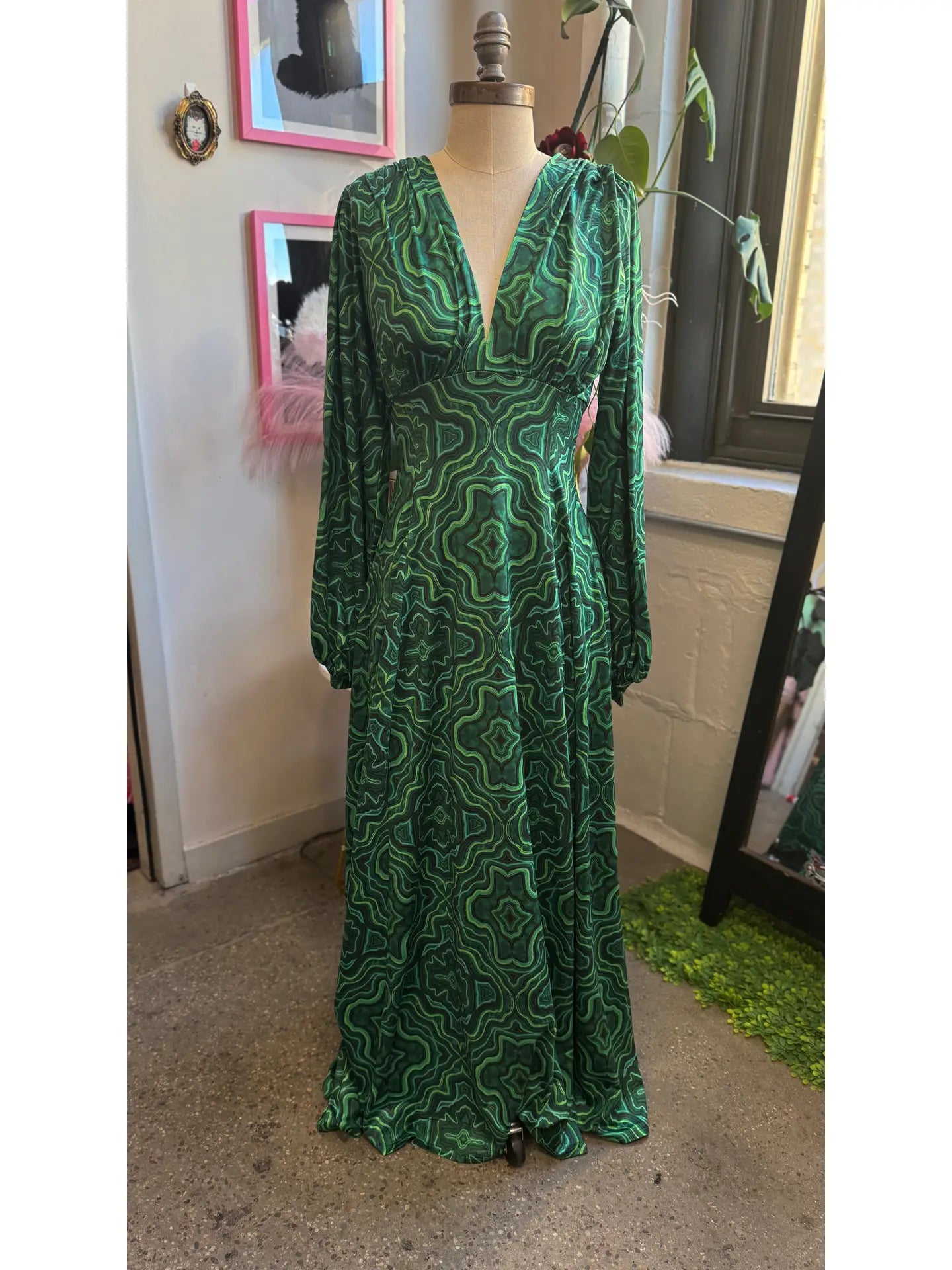 Raquel Maxi Dress with Bishop Sleeves in Malachite Kaleidoscope by Wax Poetic