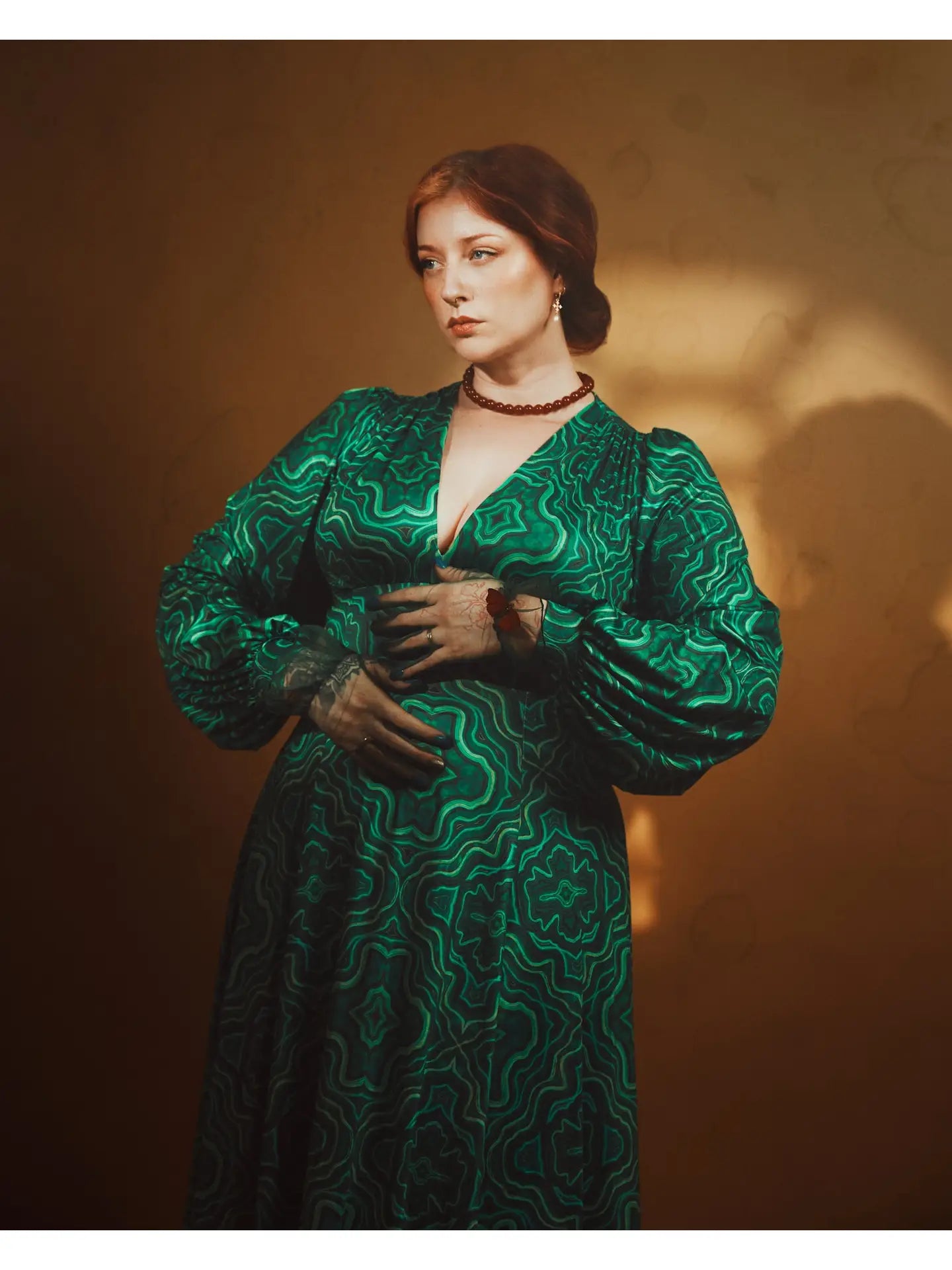 Raquel Maxi Dress with Bishop Sleeves in Malachite Kaleidoscope by Wax Poetic