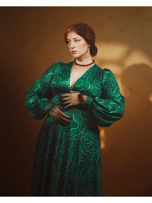 Raquel Maxi Dress with Bishop Sleeves in Malachite Kaleidoscope by Wax Poetic