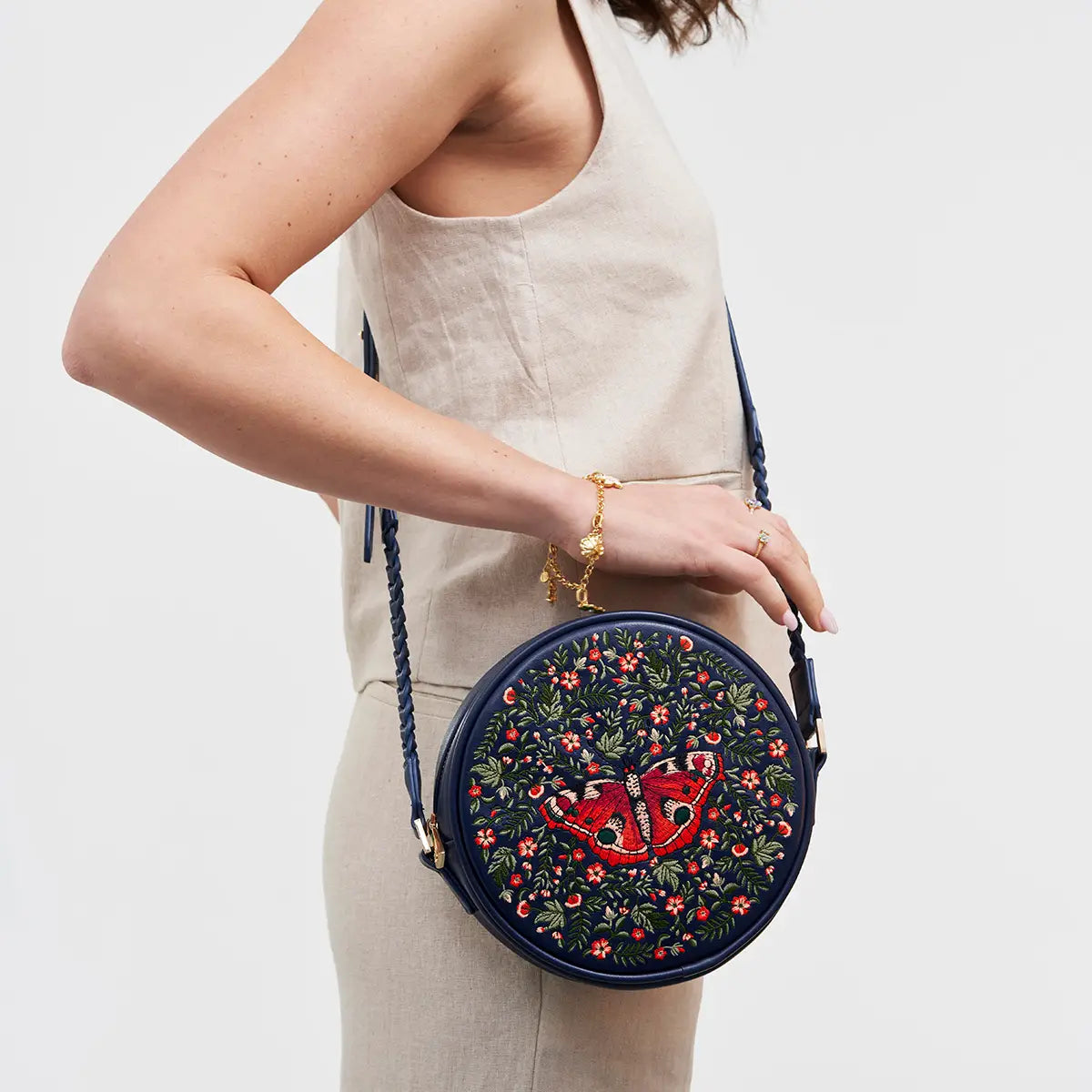 Red Admiral Navy Embroidered Circle Bag by Fable England