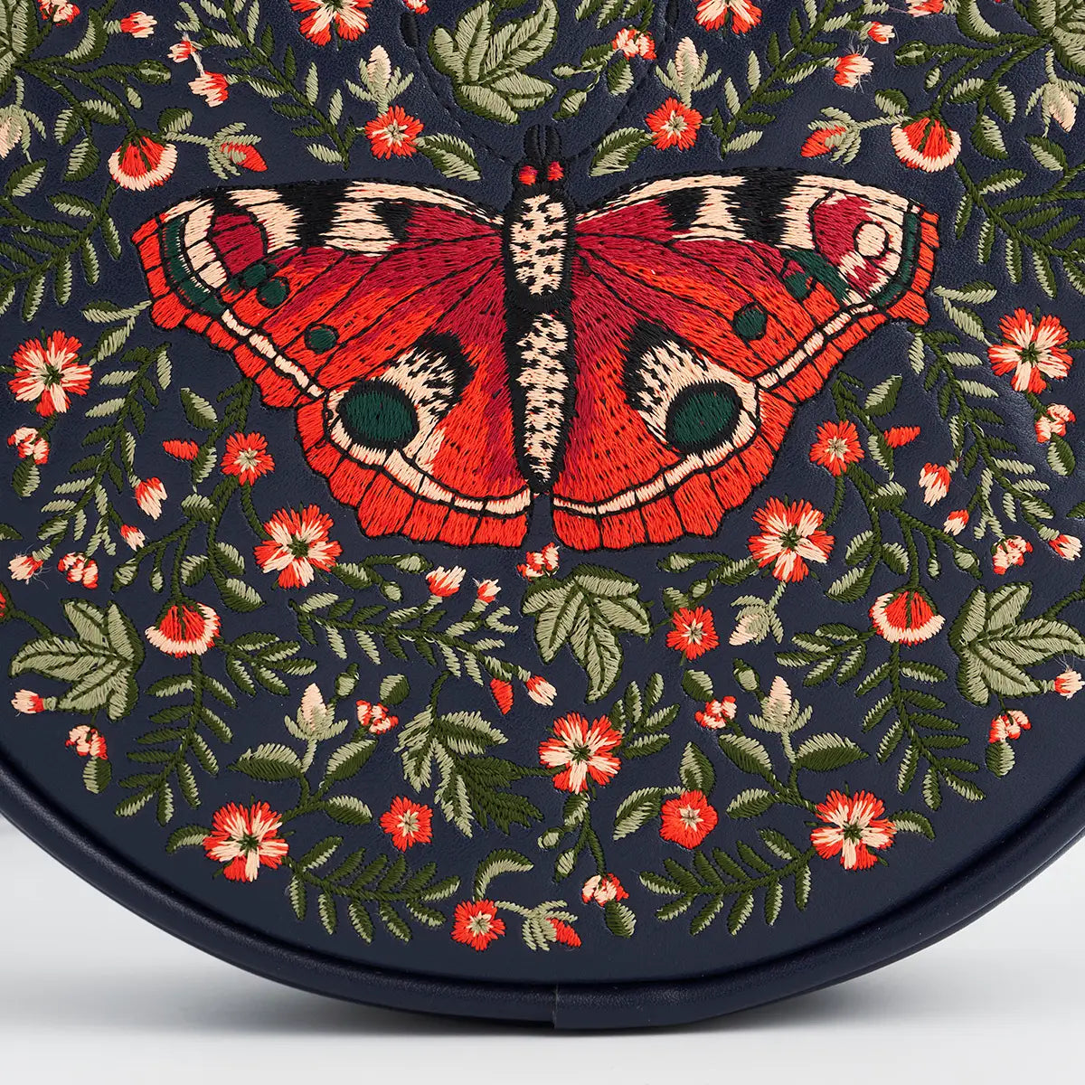Red Admiral Navy Embroidered Circle Bag by Fable England