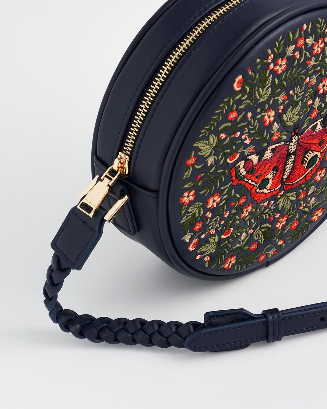 Red Admiral Navy Embroidered Circle Bag by Fable England