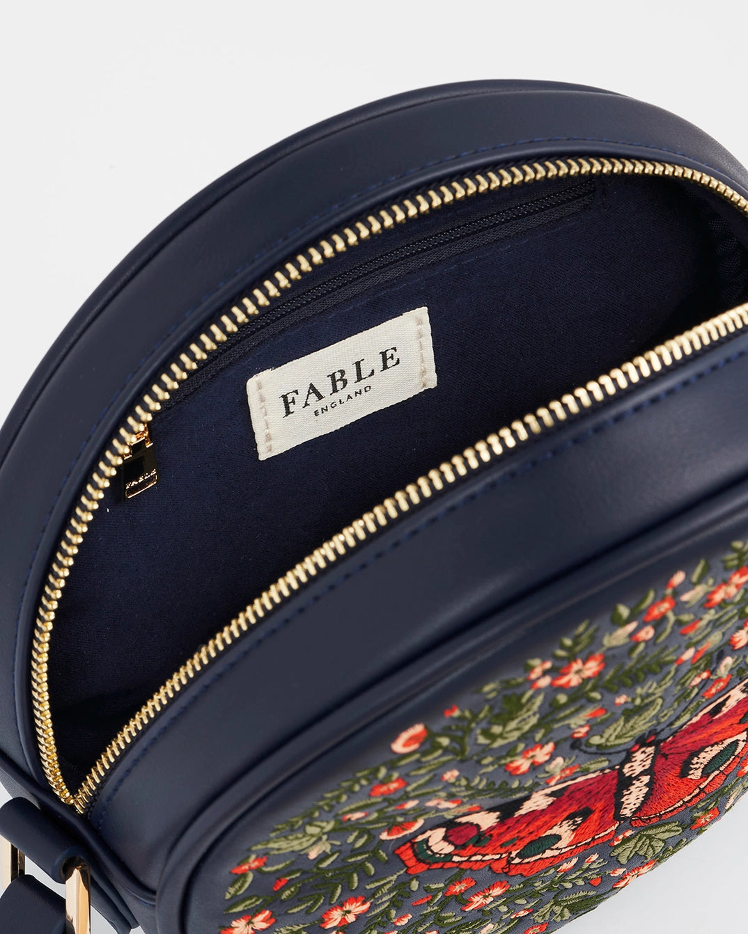 Red Admiral Navy Embroidered Circle Bag by Fable England
